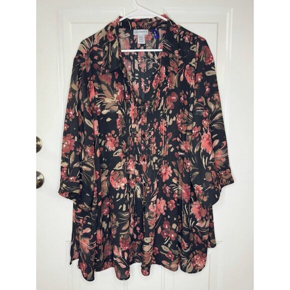 CATHERINES Blouse Top Black Red Floral Button Up 3/4 Sleeve Vneck Sz 3X Petite - Picture 1 of 7